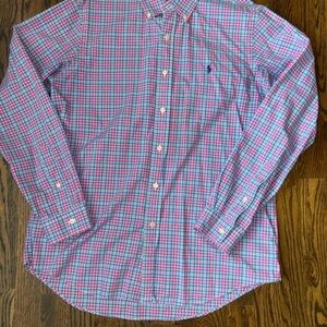 Ralph Lauren Pink Blue Plaid Button Down Shirt Spring 100% Cotton Stretch Men M